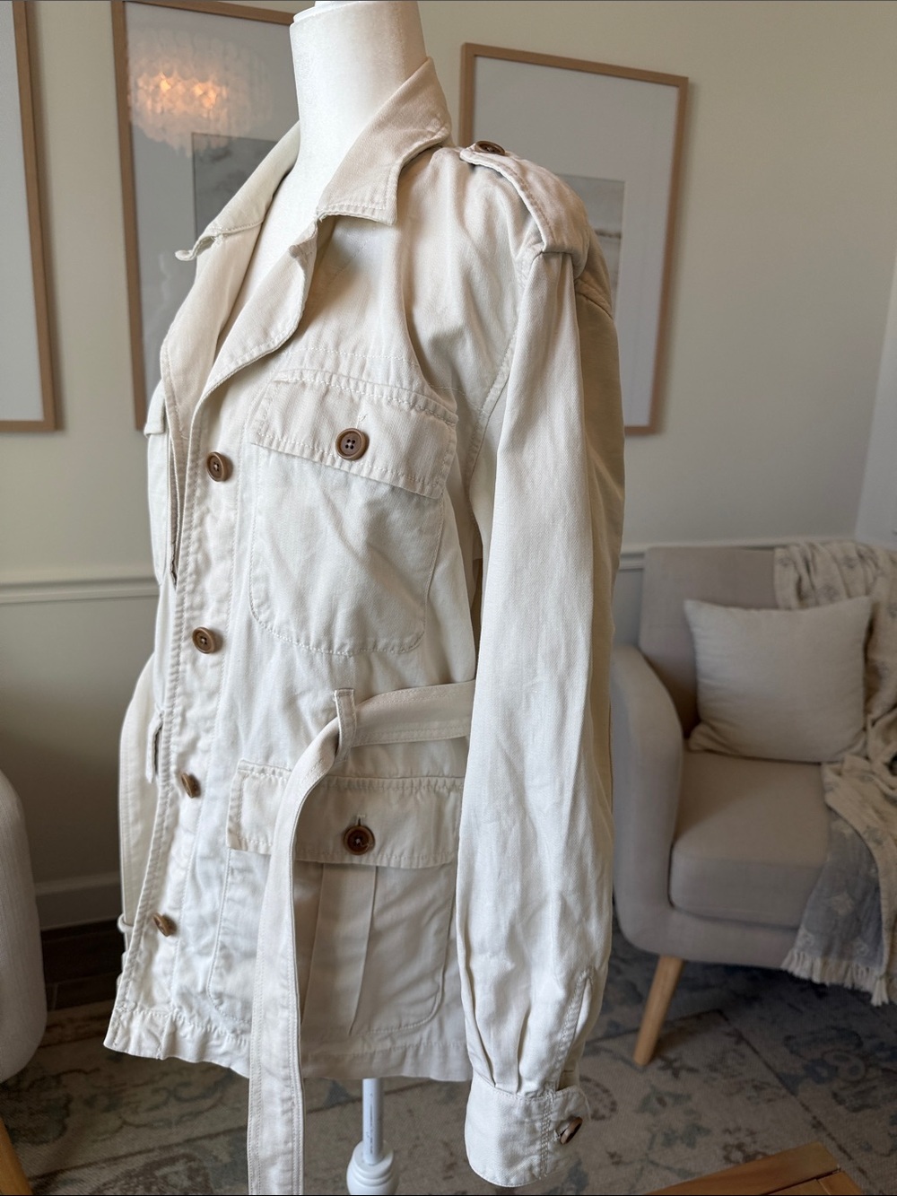 Banana Republic Heritage Linen Blend Safari Jacket Ivory Belted Utility Jacket - Picture 10 of 15